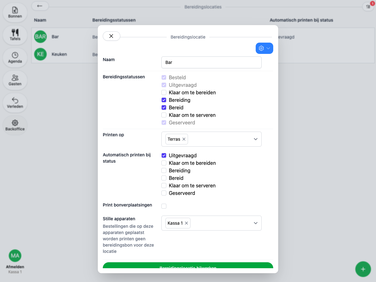 Preparation location with a linked printer, print settings and a silent device