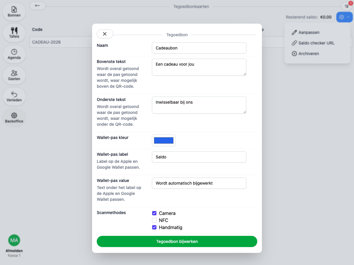 De instellingen van een tegoedbon in de backoffice