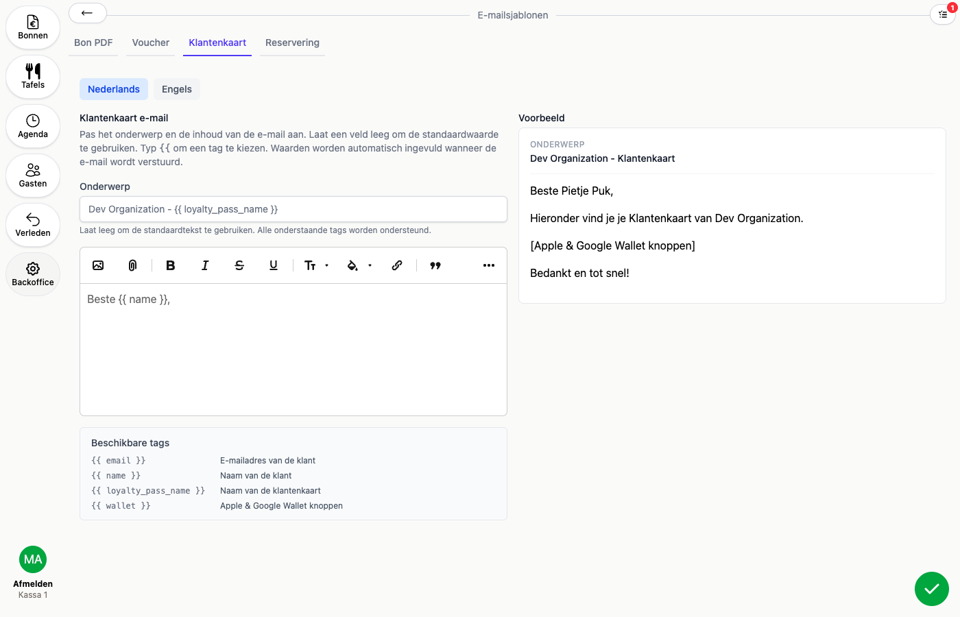 Een e-mailsjabloon aanpassen in de backoffice