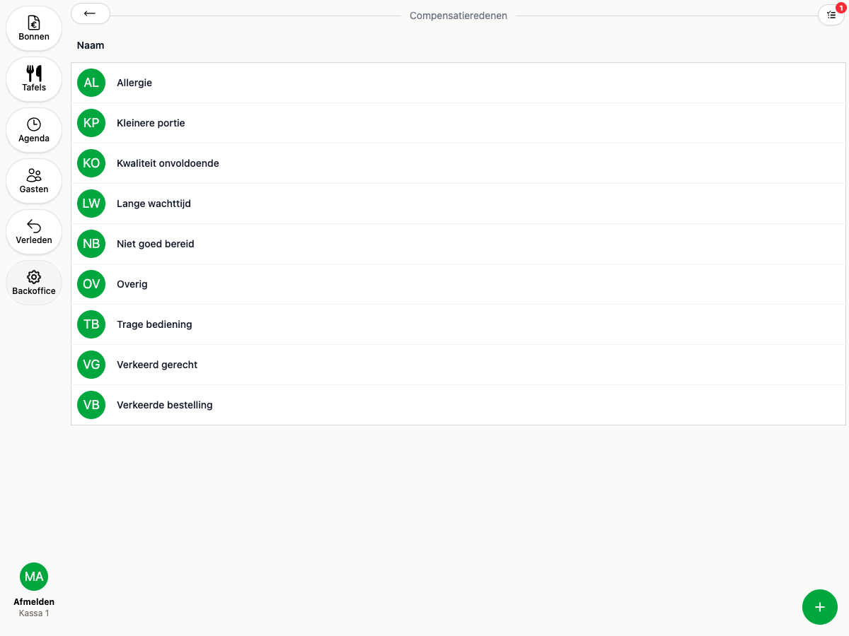 De lijst met compensatieredenen in de backoffice