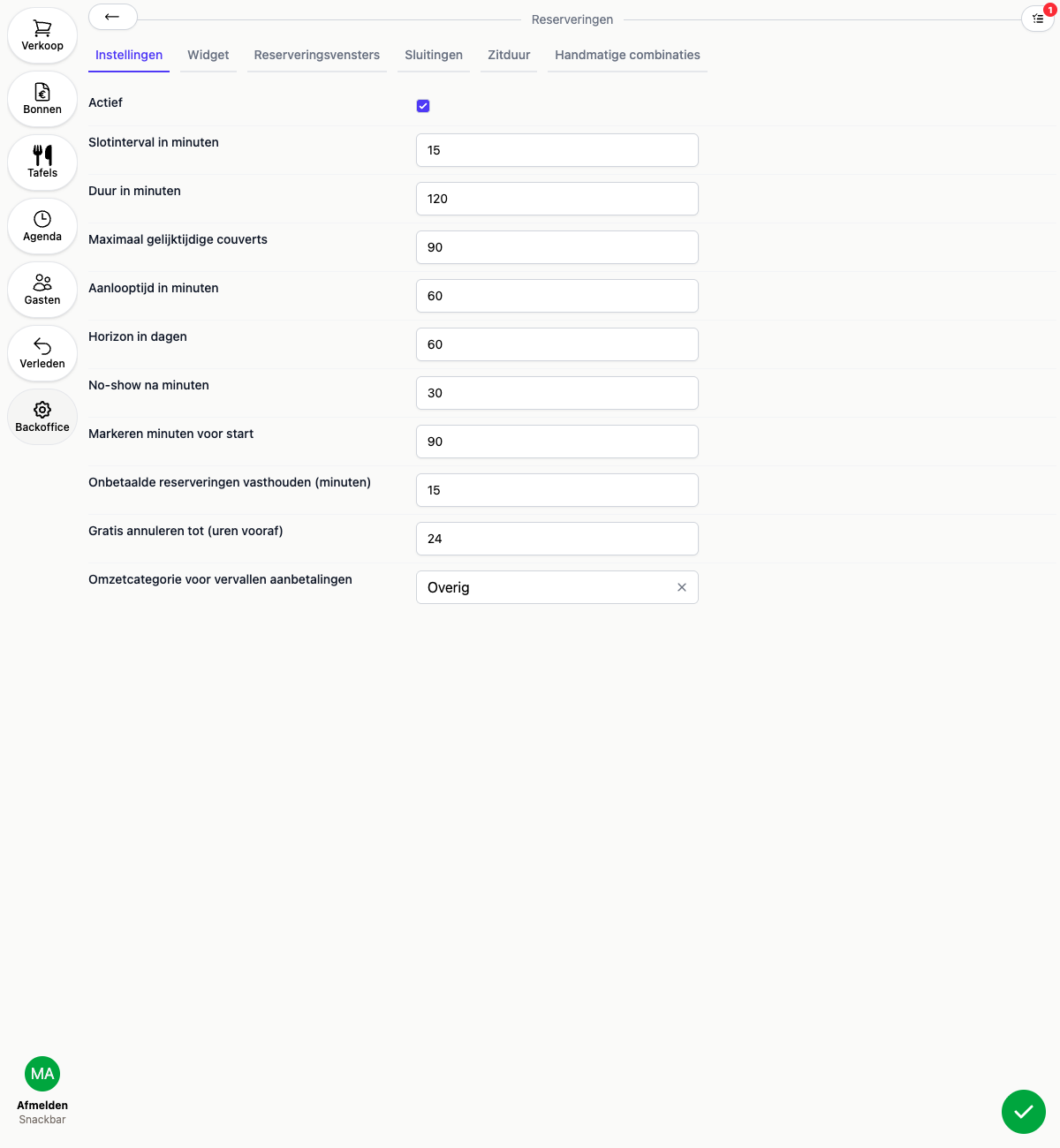 De reserveringsinstellingen in de backoffice