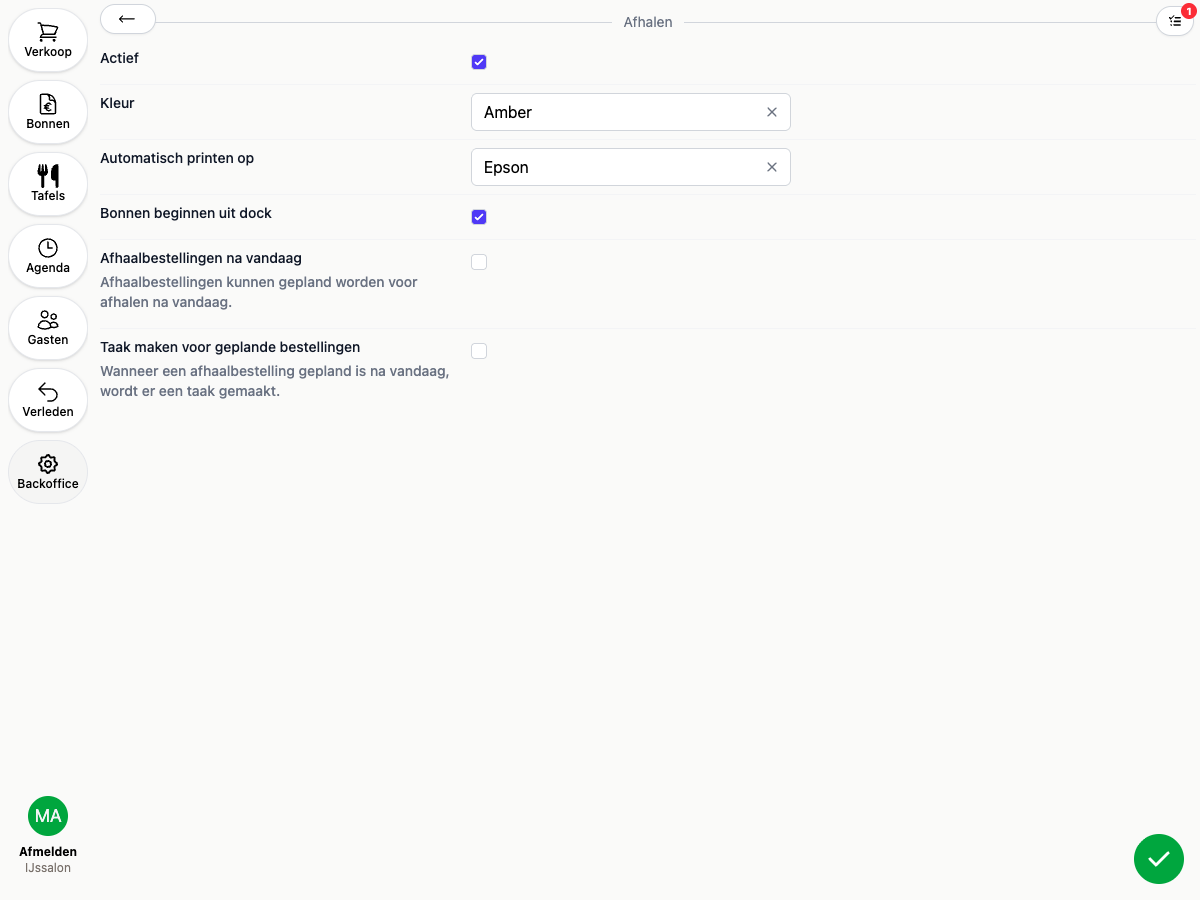 De afhaalinstellingen in de backoffice
