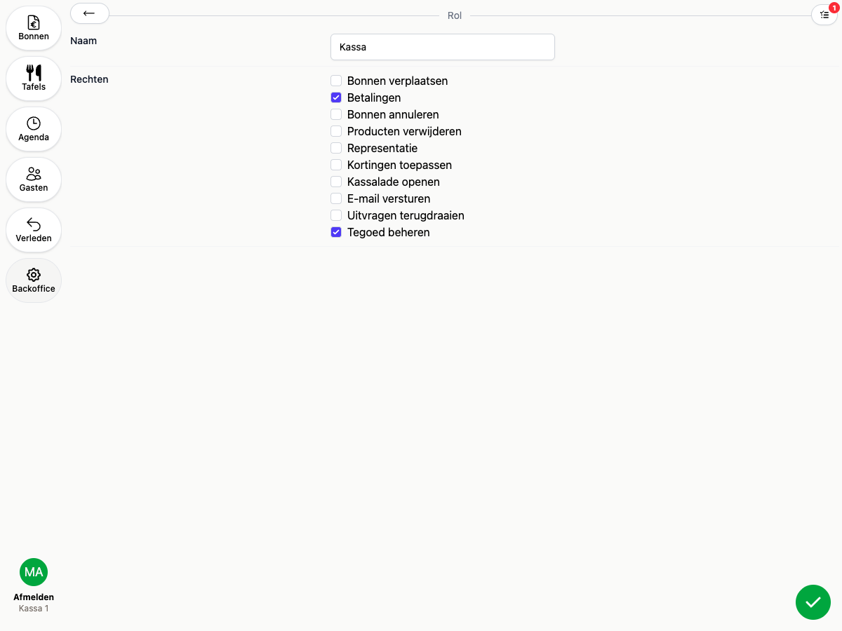 Het recht "Tegoed beheren" op een rol in de backoffice