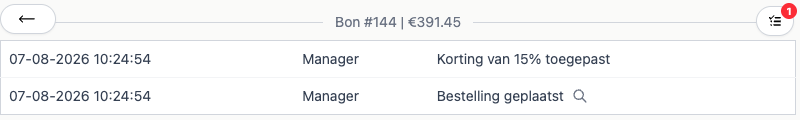 Logboek van een bon met een geplaatste bestelling en een toegepaste korting