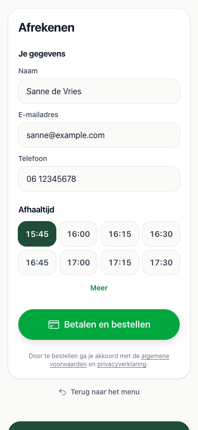 Afrekenen met naam, e-mailadres en een gekozen afhaaltijd