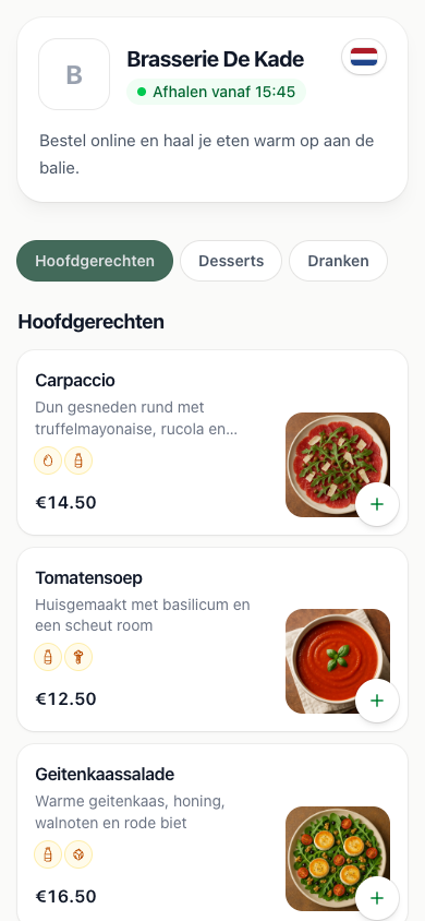 Het online menu met foto, omschrijving en allergenen bij elk gerecht